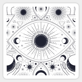 Magic pattern with constellations, sun, moon, magic eyes, hands and stars. Mystical esoteric background. Sticker